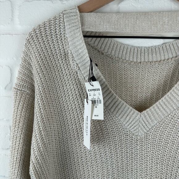Express Open V Back Cable Knit Long Sleeve Open Sweater Beige Size XS - Picture 4 of 6